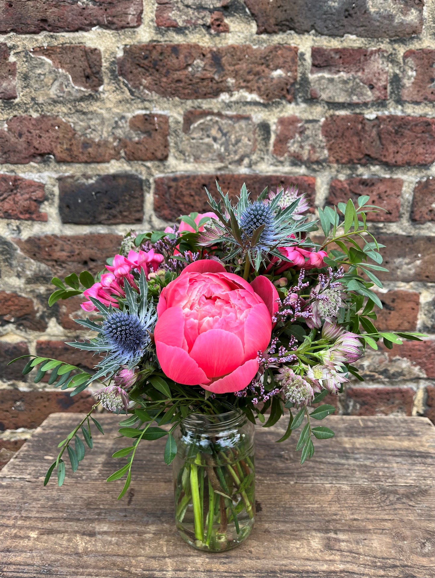 Seasonal Peony Jam Jar Posy