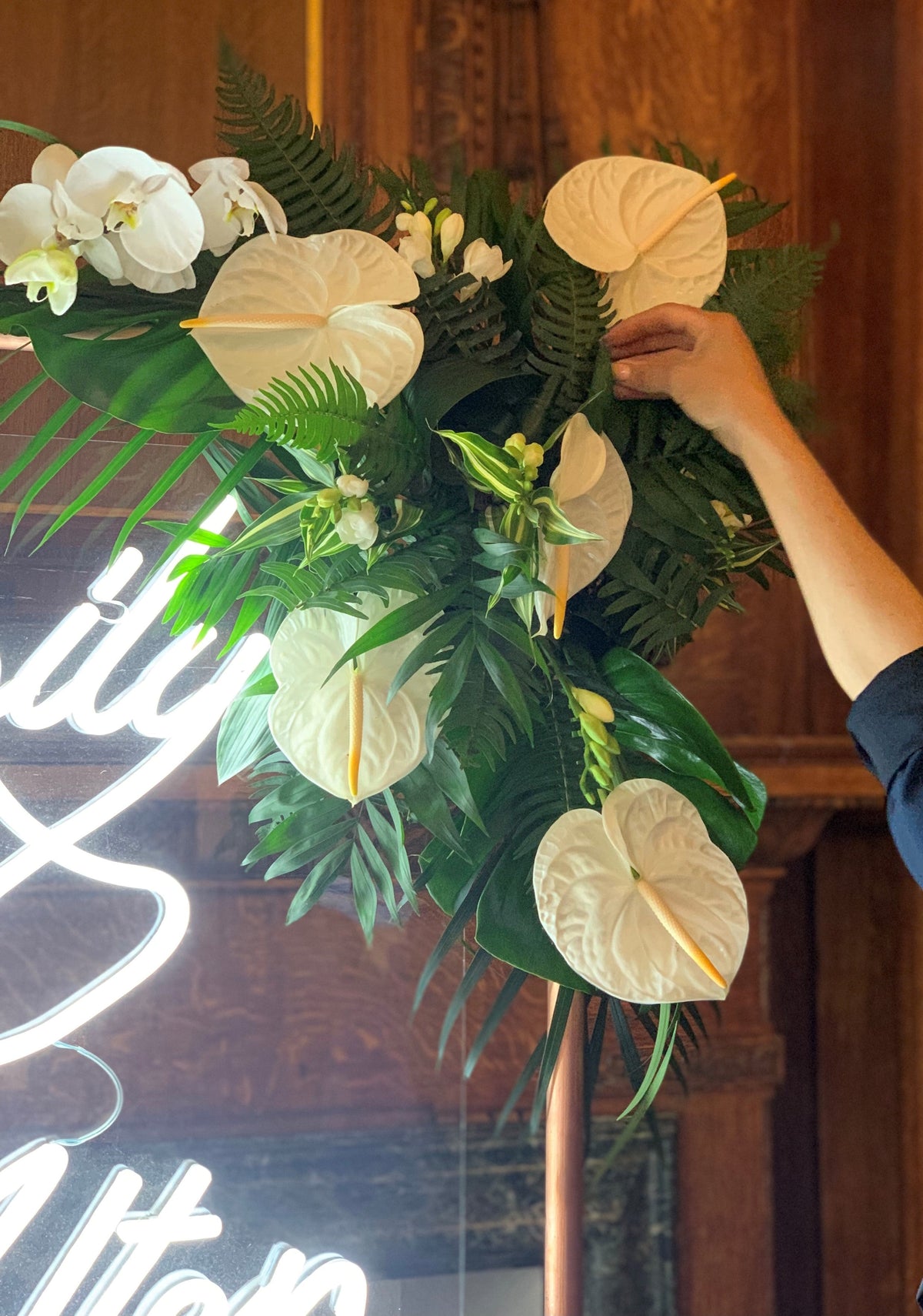 Tropical wedding flowers at Grove House in Roehampton