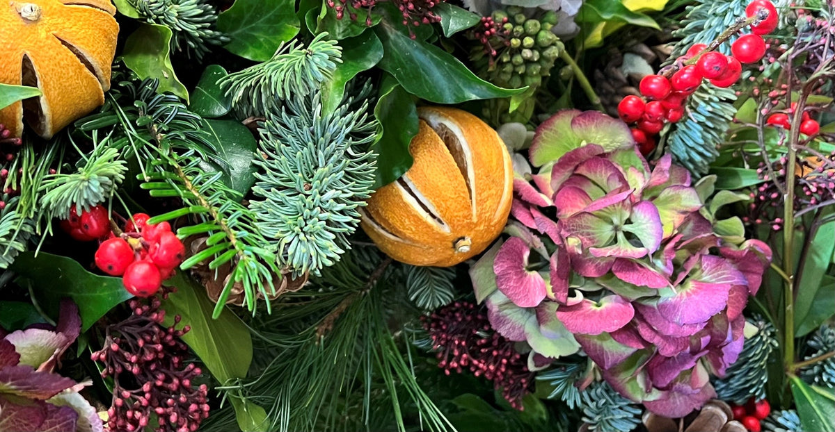 Fresh Christmas wreath foliage and decoration at Gardenia of London