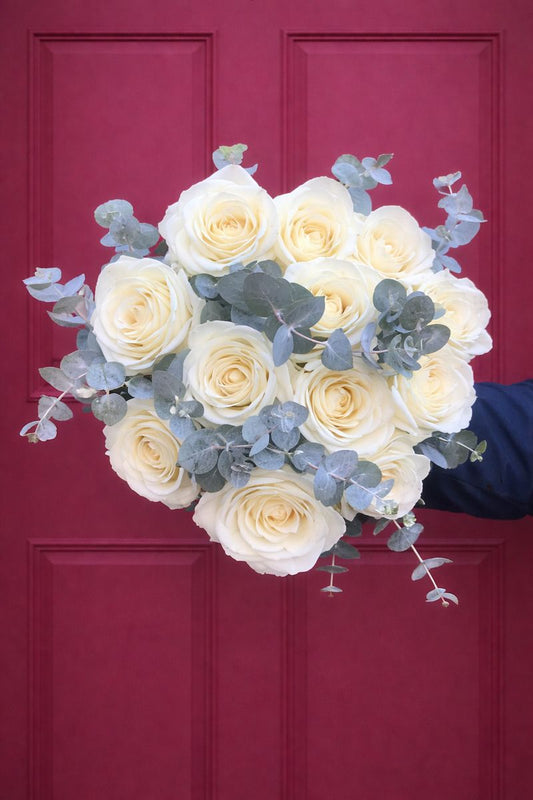 'Pure Love' White Roses with Eucalyptus