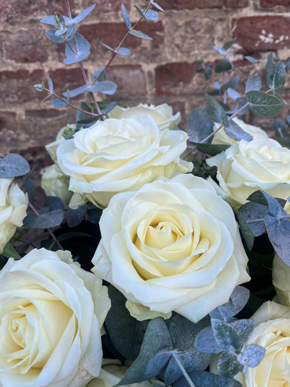 'Pure Love' White Roses with Eucalyptus