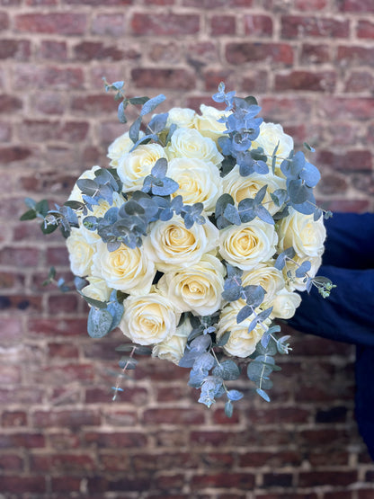 'Pure Love' White Roses with Eucalyptus