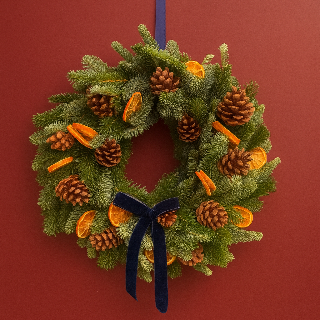 Christmas on the Common door wreath with navy bow