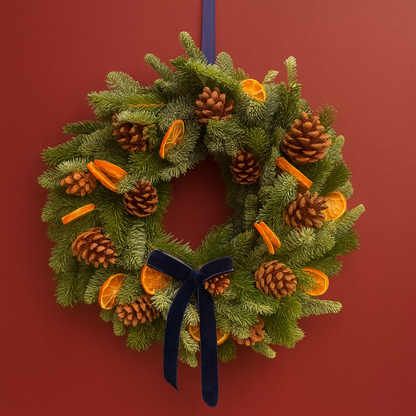 Christmas on the Common door wreath with navy bow