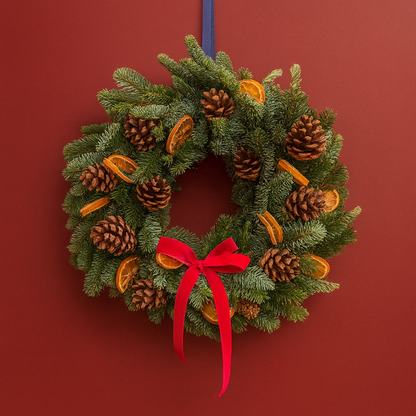 Christmas on the Common door wreath with red bow