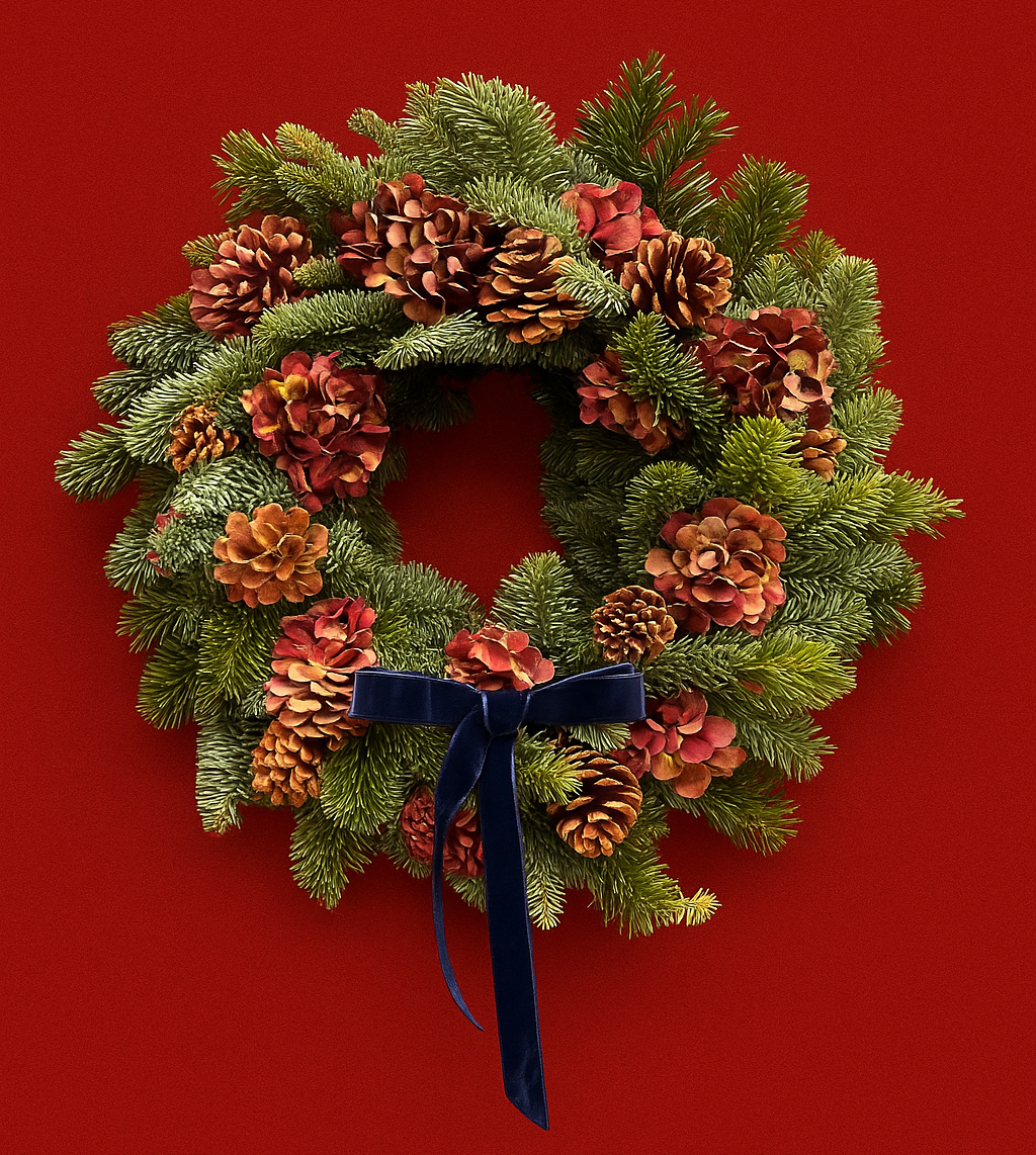 Everluxe Christmas door wreath with navy ribbon