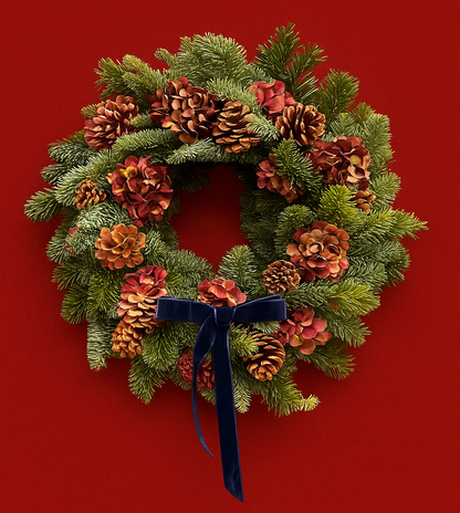 Everluxe Christmas door wreath with navy ribbon