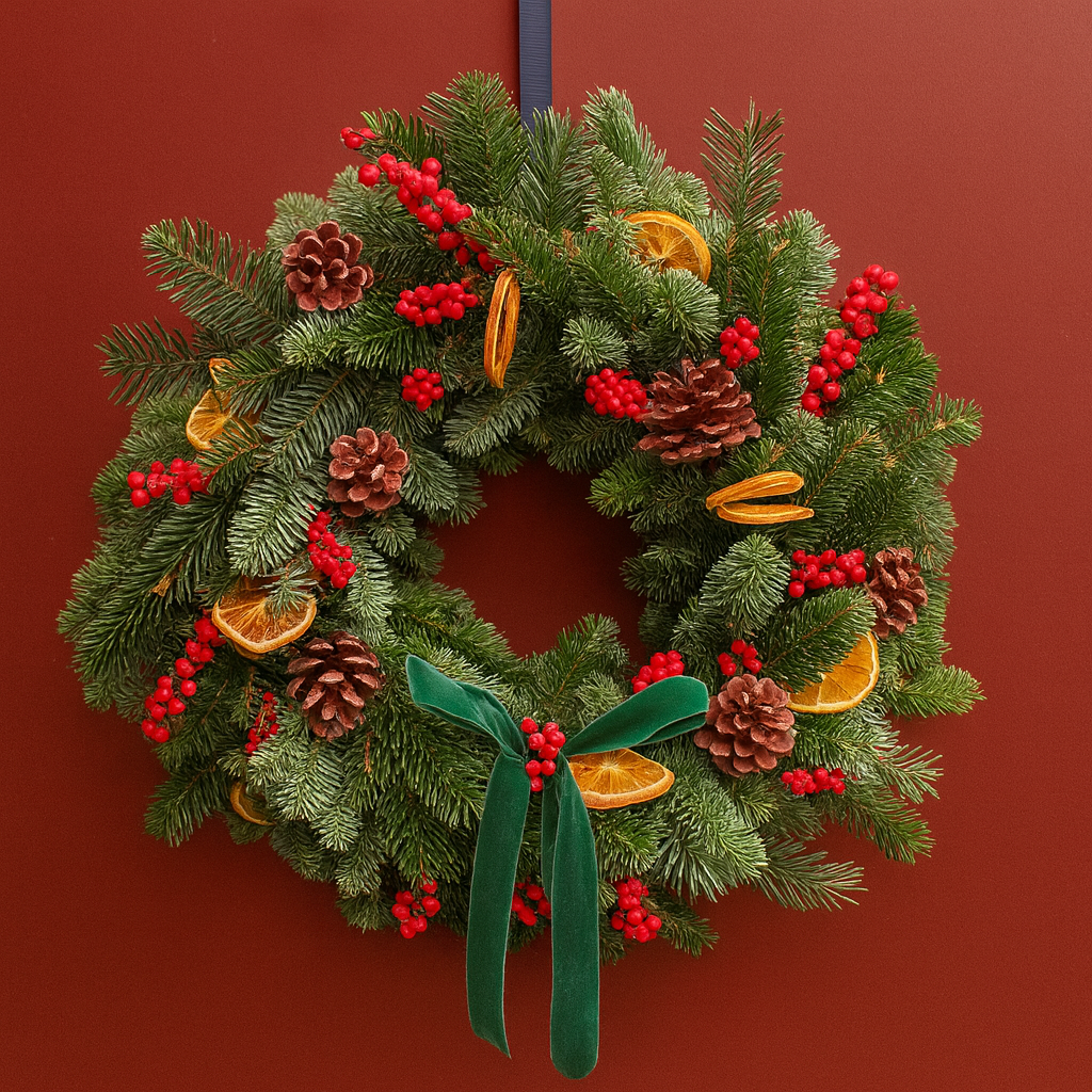 Mulled Wine Christmas door wreath with green bow