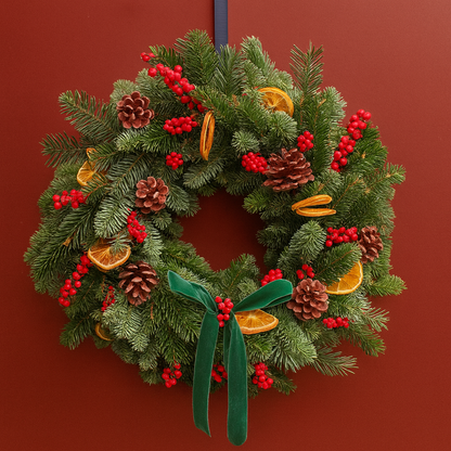 Mulled Wine Christmas door wreath with green bow