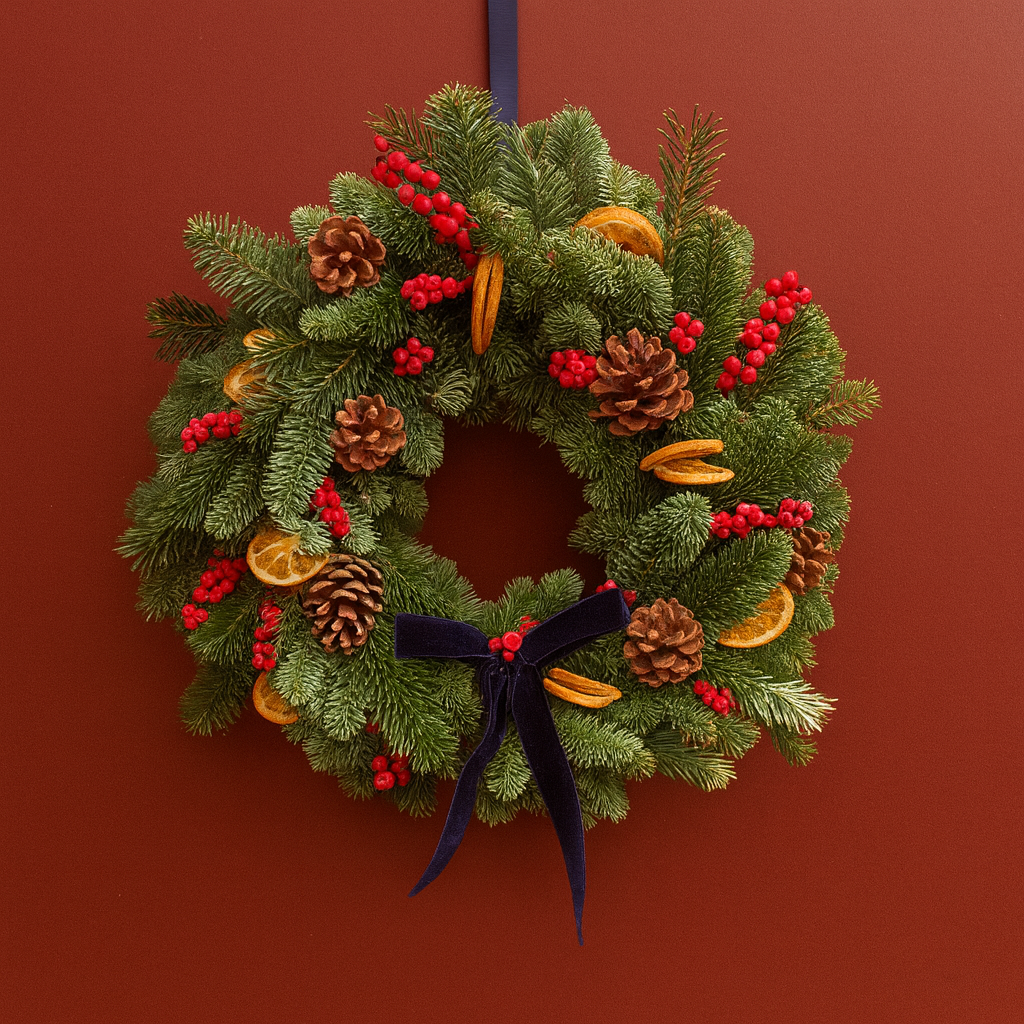 Mulled Wine Christmas door wreath with navy bow