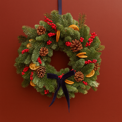 Mulled Wine Christmas door wreath with navy bow
