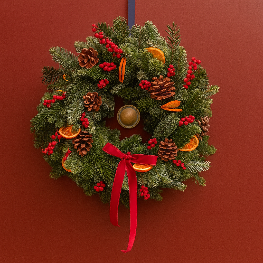 Mulled Wine Christmas door wreath with red bow