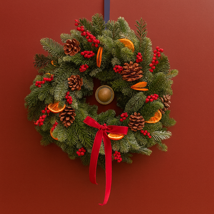 Mulled Wine Christmas door wreath with red bow