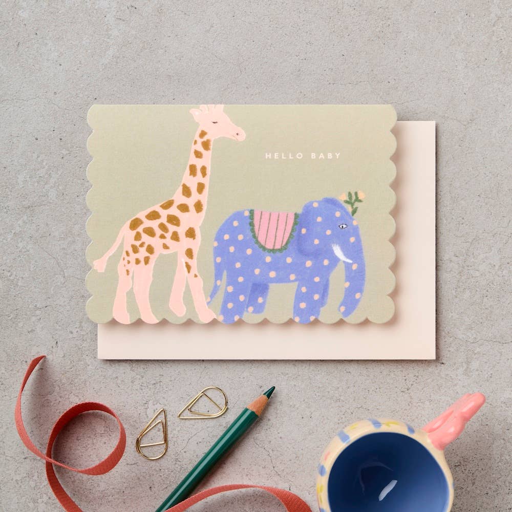 Katie Leamon - Hello Baby Animals Scallop New Baby Card