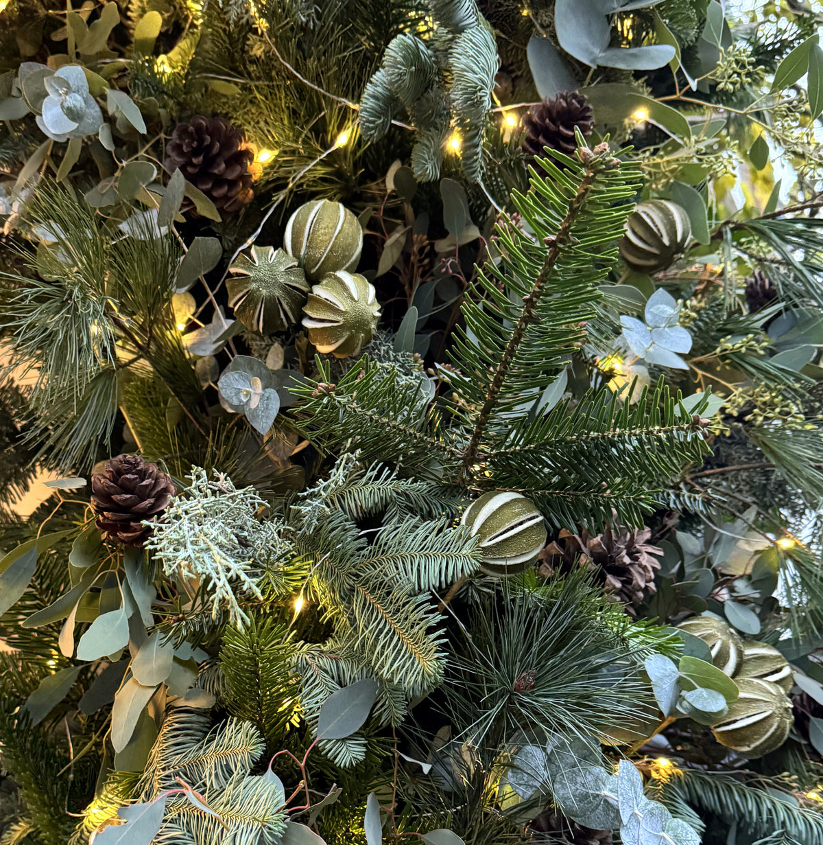 Real Gardenia evergreen entrance garland with pine cones and festive baubles