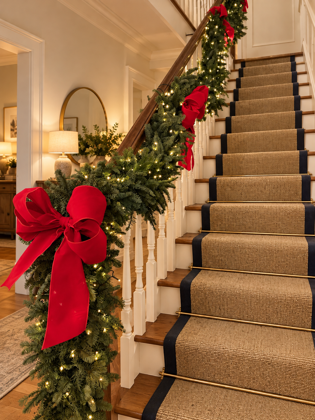 Illustrative staircase dressed with a green garland, red bows and warm white lights