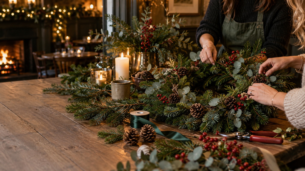 Guests making fresh Christmas wreaths during a festive Gardenia workshop
