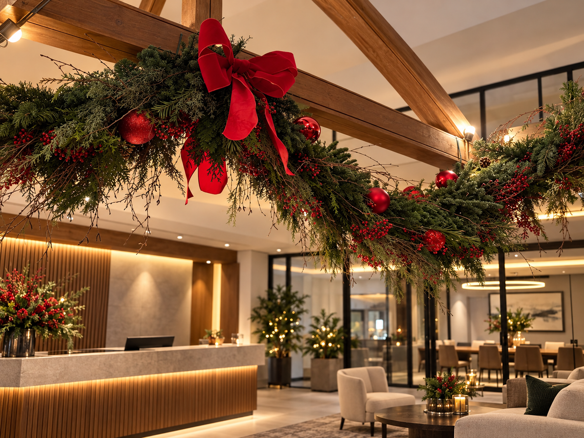 Illustrative view of a Christmas garland in a modern business reception