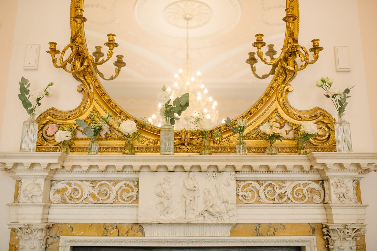 Modern wedding mantel flowers at Grove House by Gardenia of London
