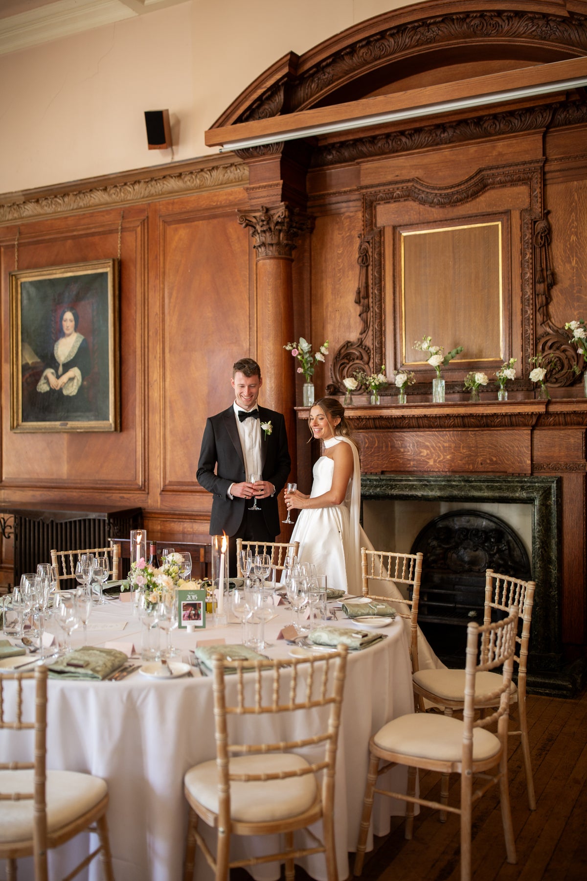 Wedding flowers and mantel styling at Grove House