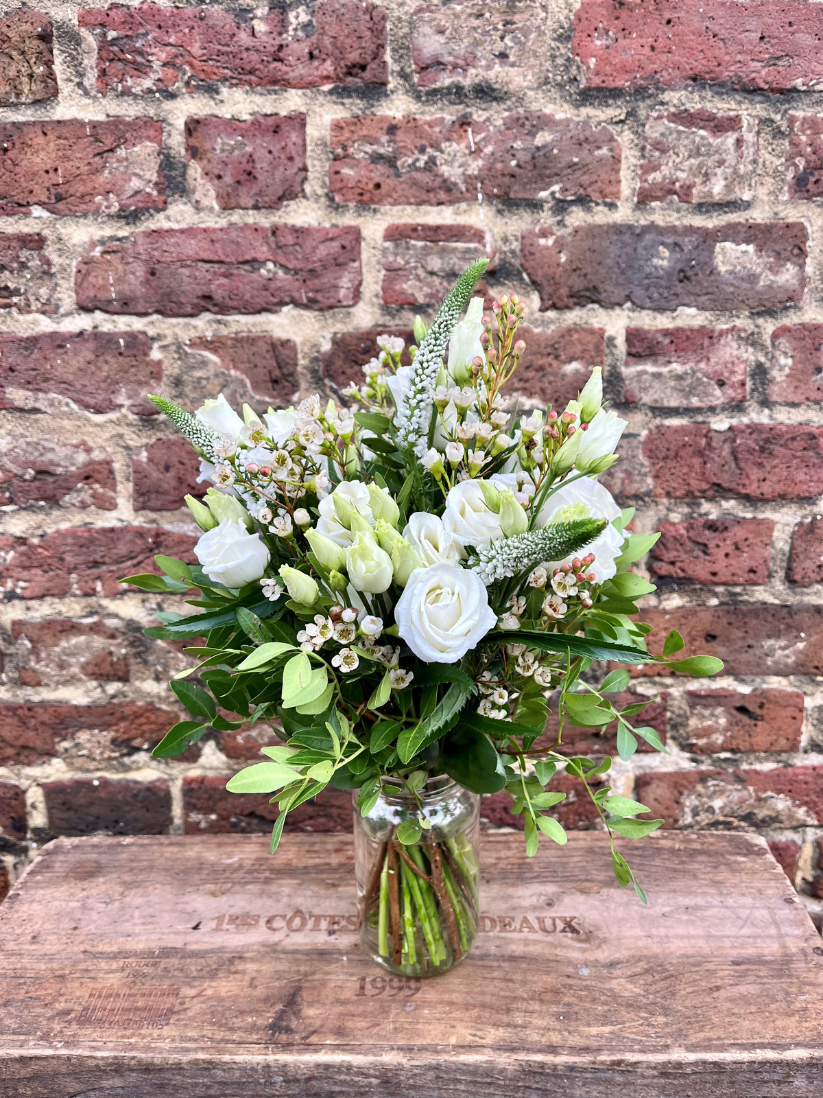 Seasonal White & Green jam jar arrangement
